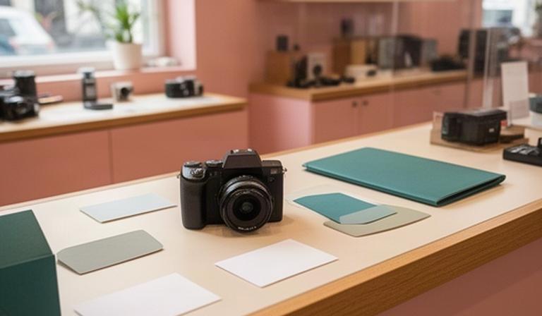Mostrador de una tienda de fotografía con una cámara, fichas de servicio y documentos protegidos