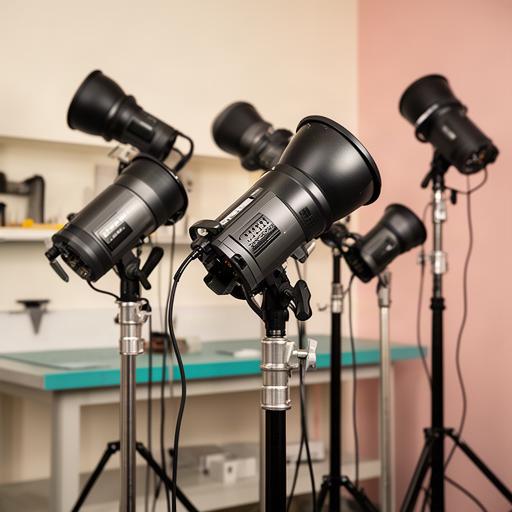 Conjunto de flashes de estudio y soportes preparados en el taller fotográfico