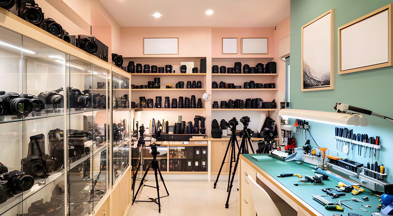 Interior de una tienda de fotografía en Morón de la Frontera con cámaras, objetivos y copias impresas